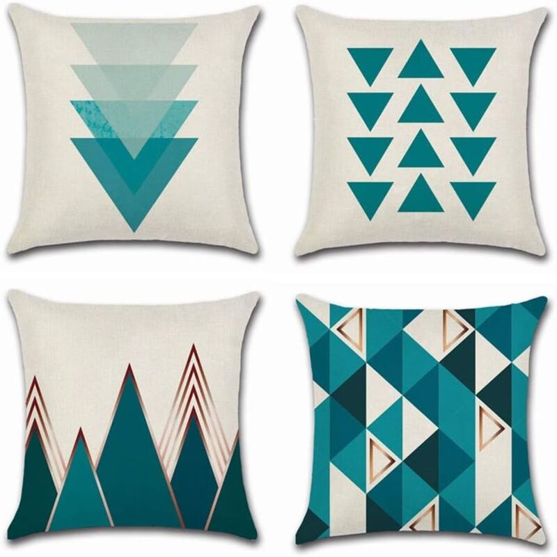 foto del prodotto federe per cuscini 45 x 45 cm, fodera per cuscino decorativa quadrata, federa per cuscino divano, motivo geometrico stampato a triangolo blu, in