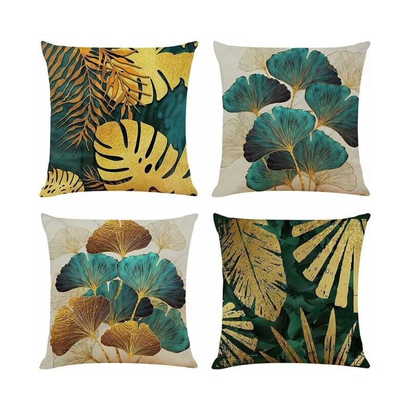foto del prodotto federe per cuscini quadrati 45x45 cm in verde e foglie oro fodera per cuscino in lino per federe per divano del soggiorno