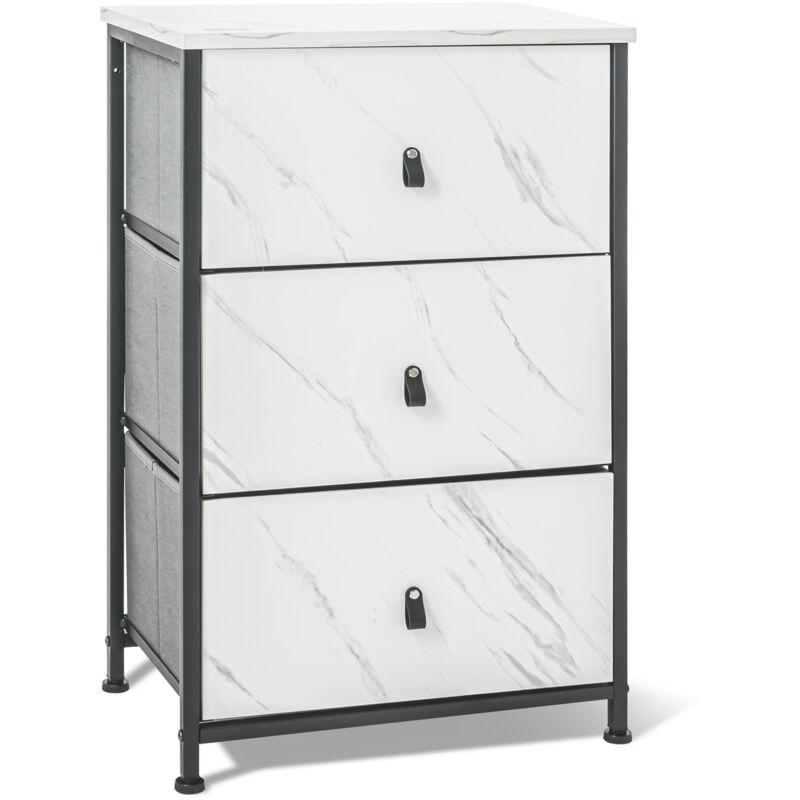 foto del prodotto fedra cassettiera 3 cassetti in tessuto, frontale e ripiano superiore in legno melaminico laminato marmo chiaro