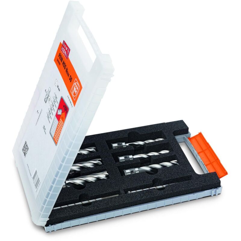 foto del prodotto fein set di accessori best of frese a corona hss 3 4 weldon 6 punte a corona prof. taglio 50 mm 12, 14, 16, 18, 20, 22 mm e 2 perni di
