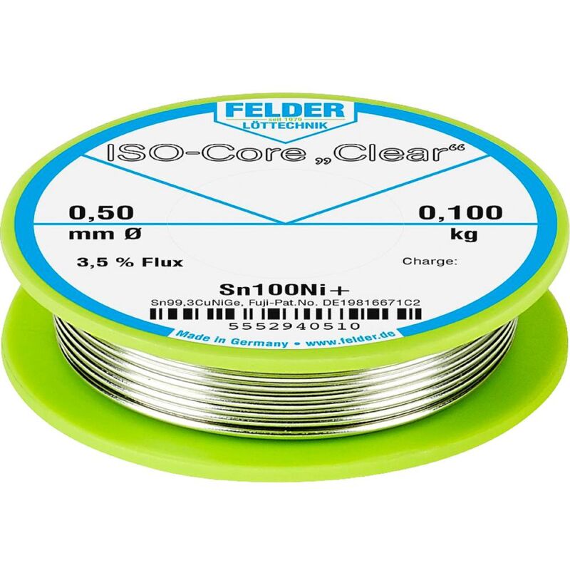 foto del prodotto felder l ttechnik felder iso core clear sn100ni stagno per saldatura bobina sn99,25cu0,7ni0,05 0.100 kg 0.5 mm
