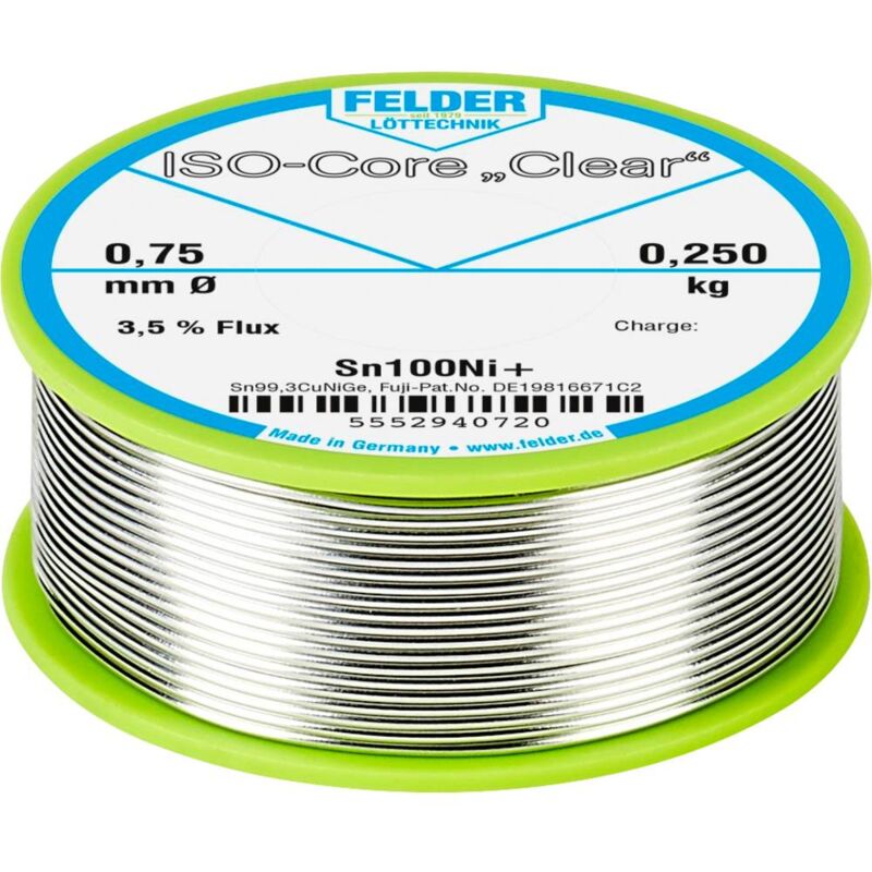 foto del prodotto felder l ttechnik felder iso core clear sn100ni stagno per saldatura bobina sn99,25cu0,7ni0,05 0.250 kg 0.75 mm
