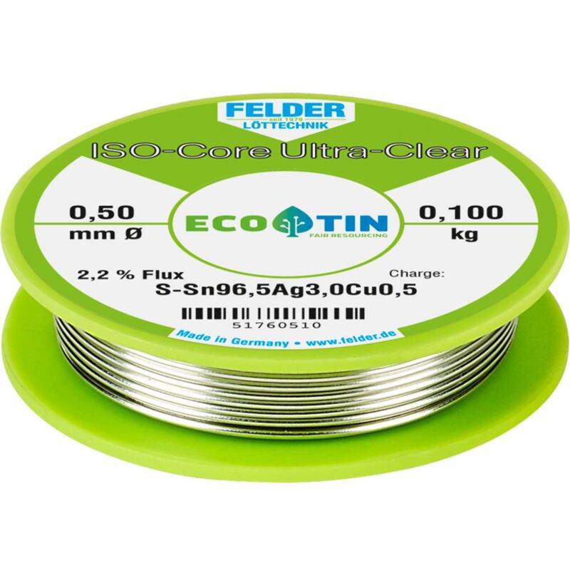foto del prodotto felder l ttechnik felder iso core ultra clear sac305 stagno per saldatura bobina sn96,5ag3cu0,5 0.100 kg 0.5 mm