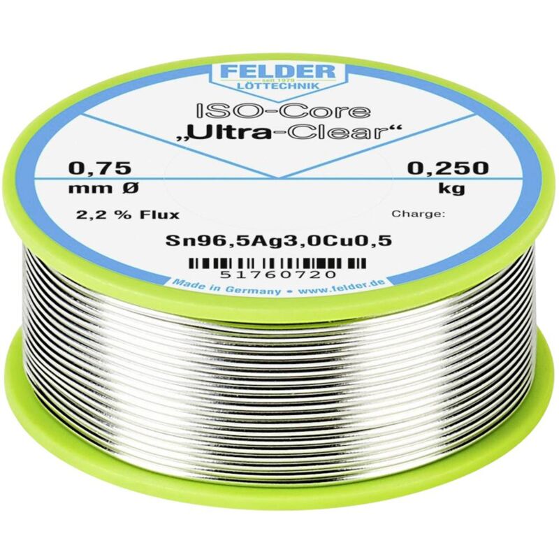 foto del prodotto felder l ttechnik felder iso core ultra clear sac305 stagno per saldatura bobina sn96,5ag3cu0,5 0.250 kg 0.75 mm
