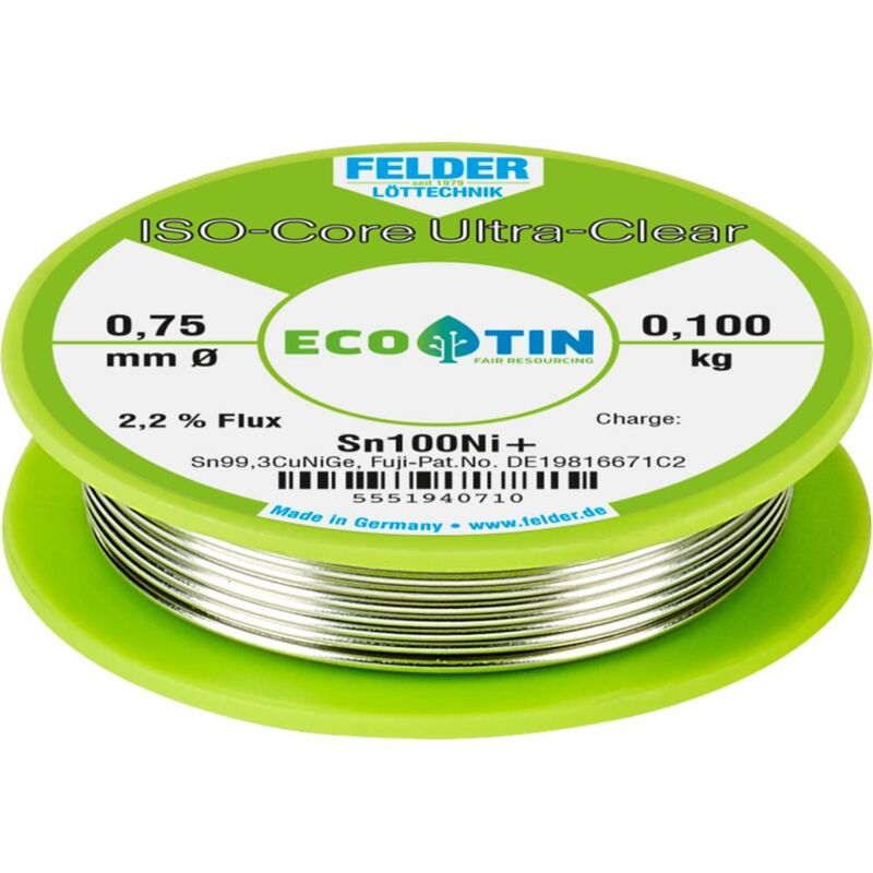 foto del prodotto felder l ttechnik felder iso core ultra clear sn100ni stagno senza piombo bobina sn99,25cu0,7ni0,05 0.100 kg 0.75 mm