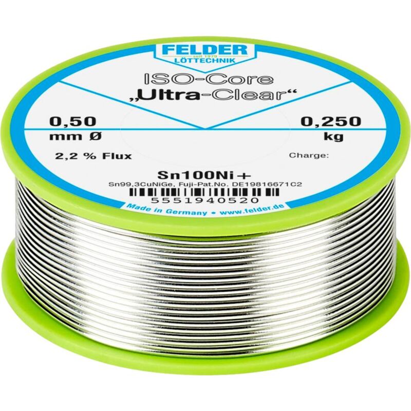 foto del prodotto felder l ttechnik felder iso core ultra clear sn100ni stagno senza piombo bobina sn99,25cu0,7ni0,05 0.250 kg 0.5 mm