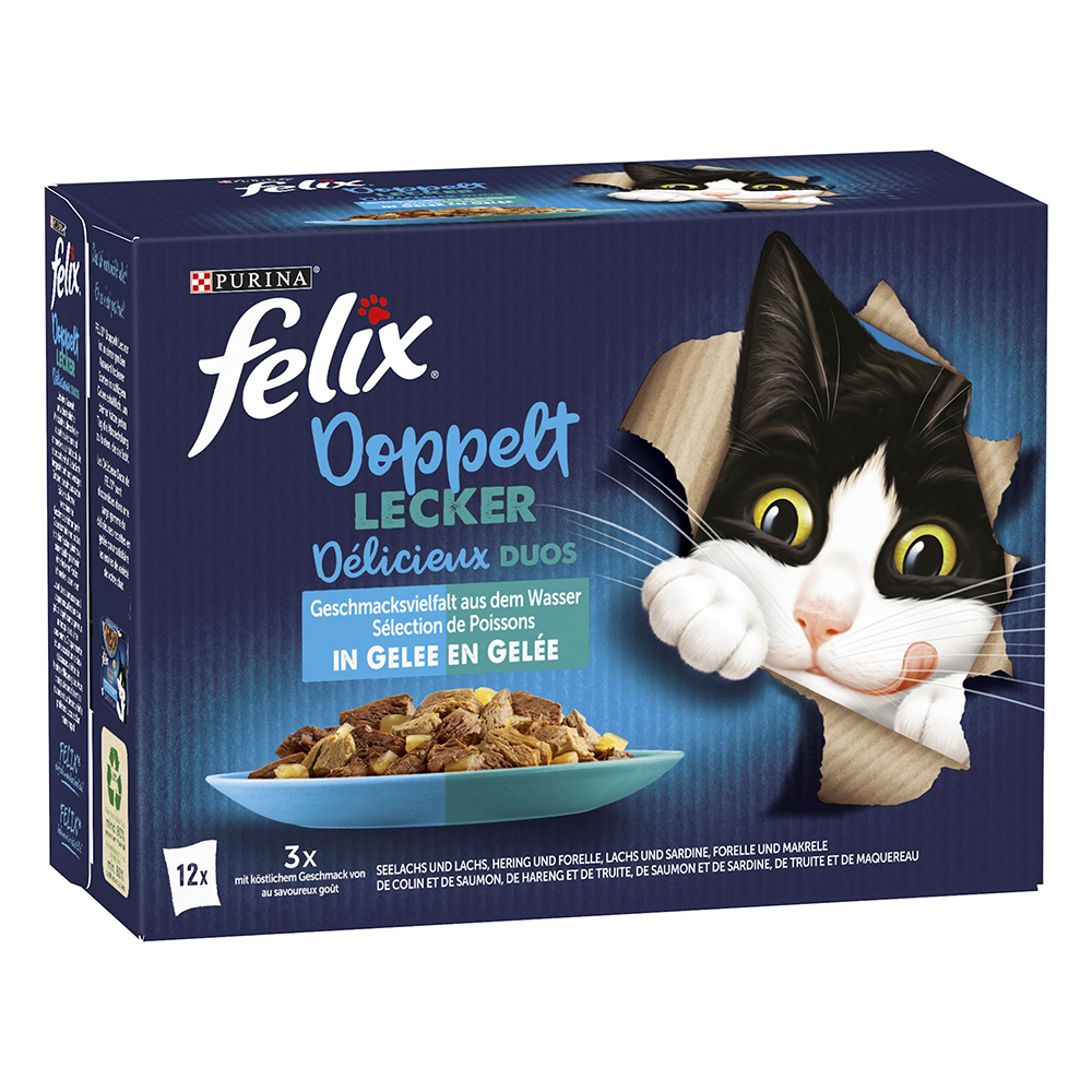 foto del prodotto felix le ghiottonerie doppia delizia 12 x 85 g umido per gatti salmone merluzzo, sardine salmone, trota aringa, sgombro trota