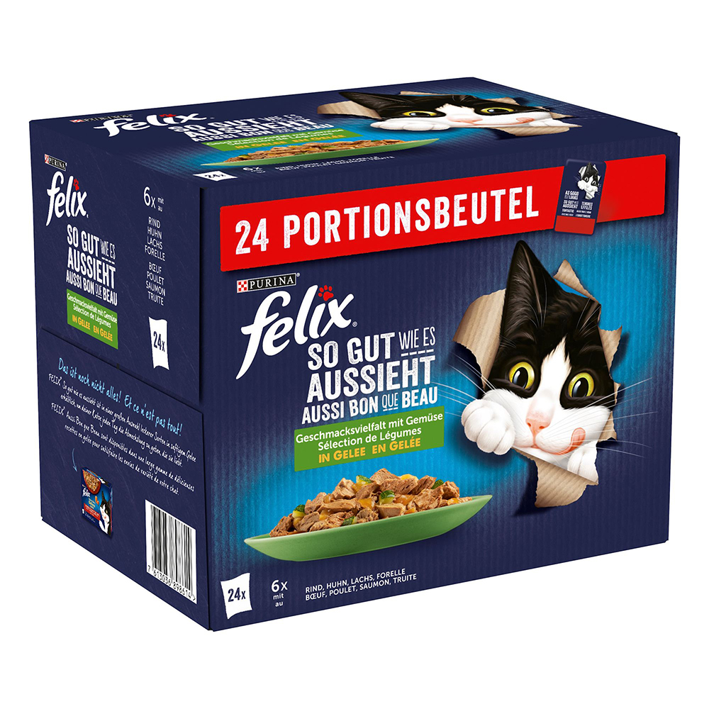 foto del prodotto felix le ghiottonerie in gelatina 24 x 85 g alimento umido per gatto variet con verdure manzo e carote, pollo, salmone, trota 