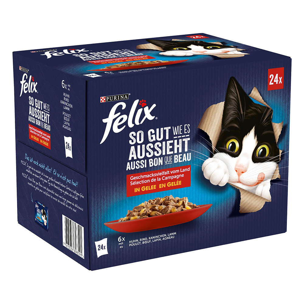 foto del prodotto felix le ghiottonerie in gelatina 24 x 85 g alimento umido per gatto variet di carne pollo, manzo, coniglio, agnello 