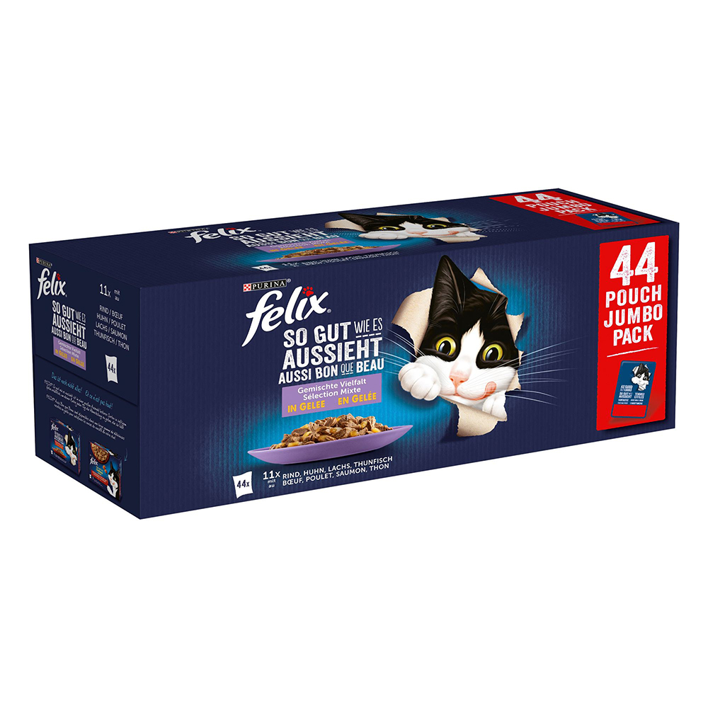 foto del prodotto felix le ghiottonerie in gelatina 44 x 85 g pacco misto per gatti selezione mista pollo, manzo, tonno, salmone 