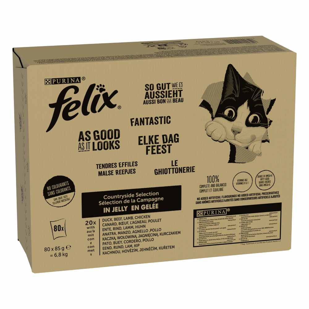 foto del prodotto felix le ghiottonerie in gelatina 80 x 85 g umido gatto variet di carne manzo, pollo, agnello, anatra 