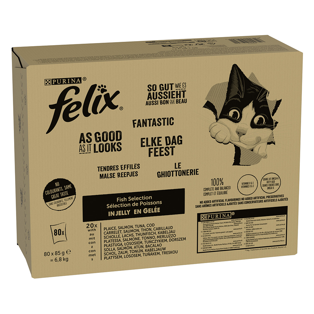 foto del prodotto felix le ghiottonerie in gelatina 80 x 85 g umido gatto variet di pesce 2 platessa, salmone, tonno, merluzzo 