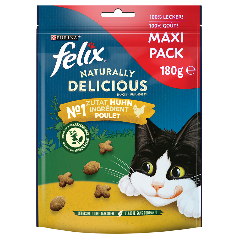 foto del prodotto felix naturally delicious snack per gatti - set 3 x 180 g ricco in pollo con un tocco di erba gatta