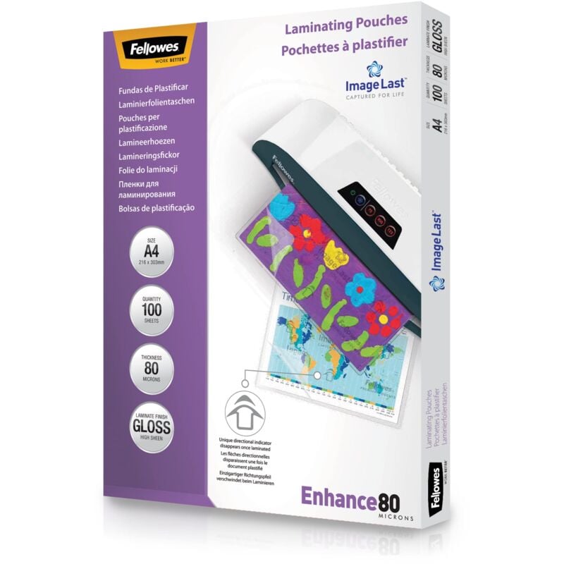 foto del prodotto fellowes pouches per plastificazione per documenti, formato a4, finitura lucida, confezione da 100 pezzi, 160 micron 2 x 80 micron finitura di