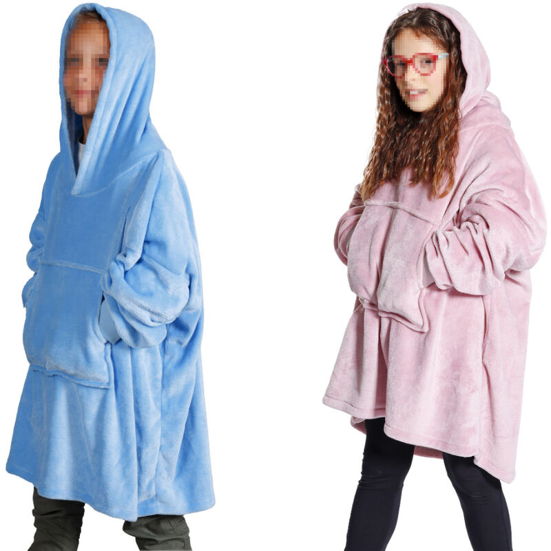 foto del prodotto felpa plaid bambini coperta calda inverno con tasca cappuccio tinta unita brighton, misurafelponecoloreazzurro