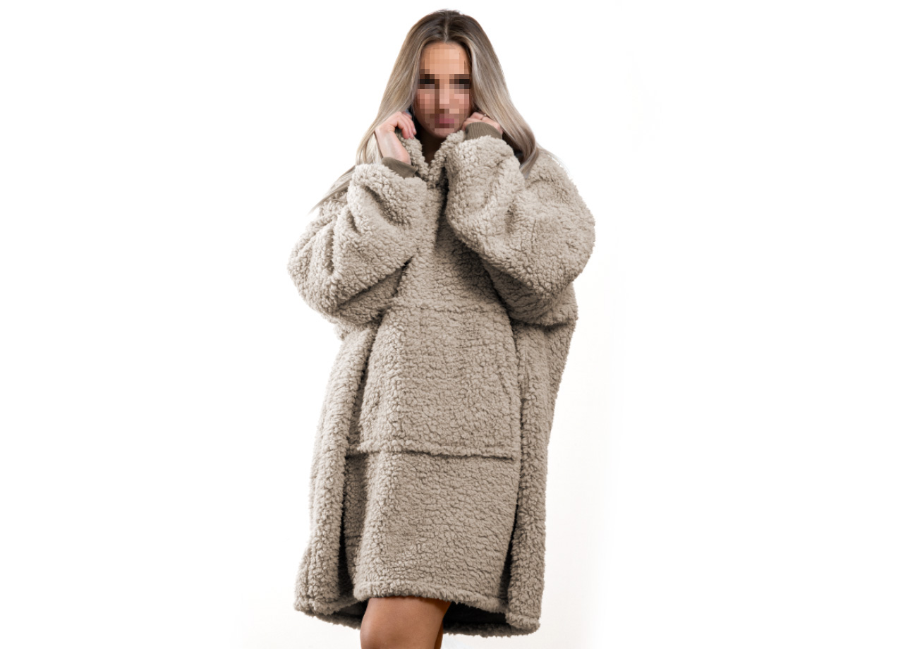 foto del prodotto felpa plaid inverno coperta agnellata sherpa con tasca tinta unita fluffy felpone tortora
