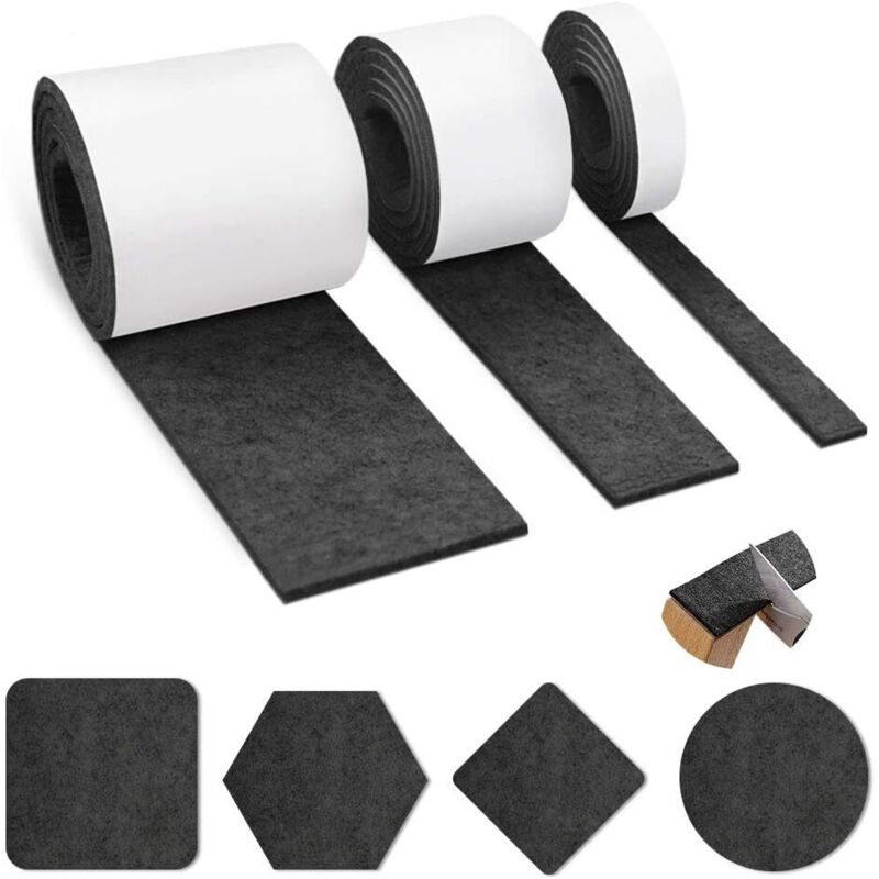 foto del prodotto feltrini autoadesivi, 3 rotoli di feltrini in feltro nero 100 cm x 10 cm 100 cm x 5 cm 100 cm x 2 cm, protezione autoadesiva per mobili in