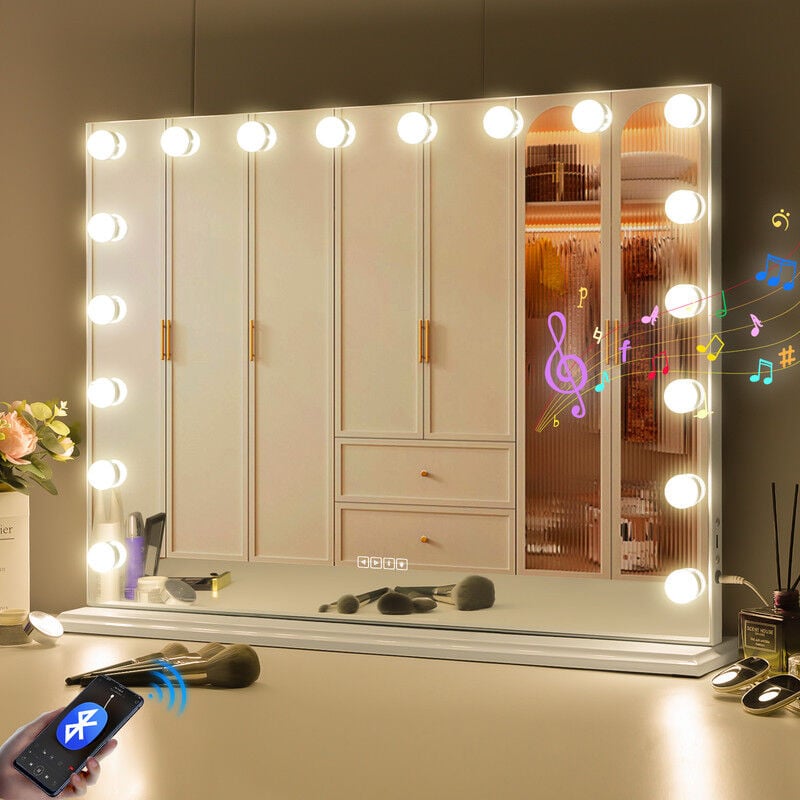 foto del prodotto fenchilin grande specchio illuminato bluetooth hollywood con 18 luci led dimmerabili con usb, specchio da trucco illuminato, specchio da tavolo a