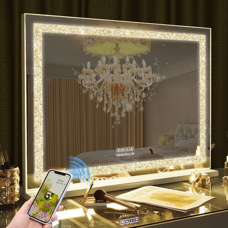 foto del prodotto fenchilin specchio illuminato con bluetooth specchio pu regolare 3 effetti di luce per parete da tavolo doppio scopo specchio per il trucco
