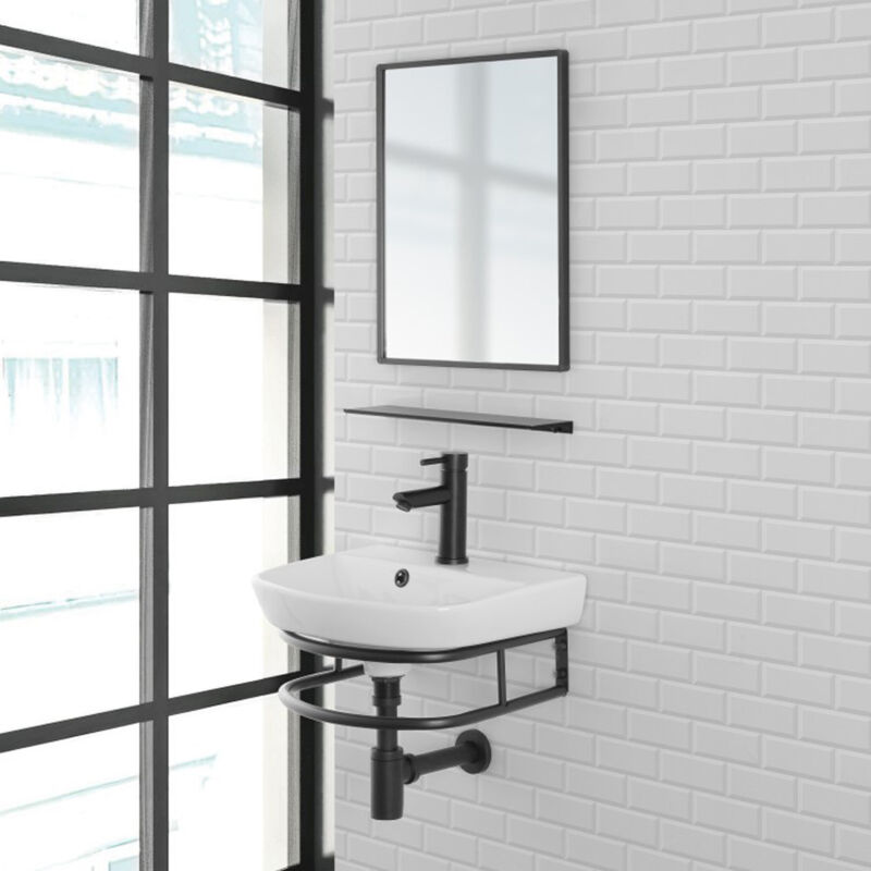 foto del prodotto feridras composizione bagno in metallo 45cm con lavabo specchio e mensola borg