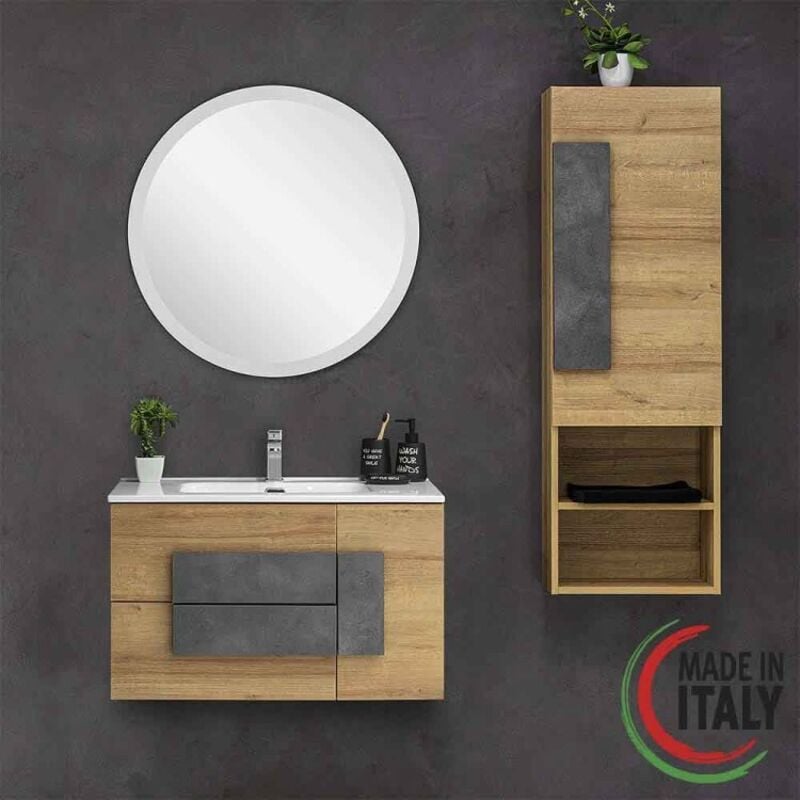 foto del prodotto feridras - mobile bagno sospeso effetto legno 80x47 cm con specchio tondo