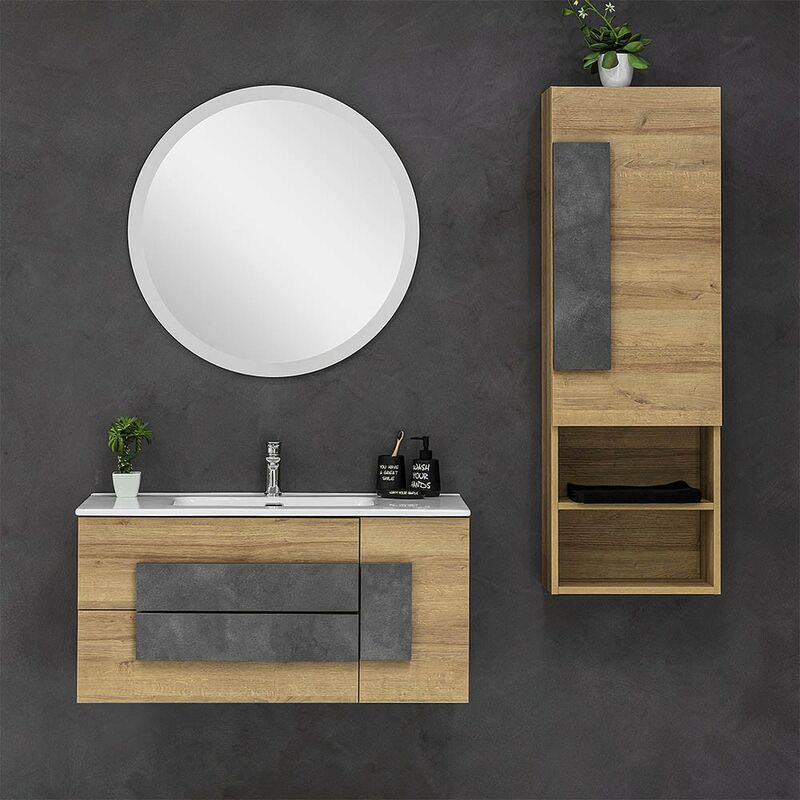 foto del prodotto feridras mobile bagno sospeso moderno legno rovere 100x47 cm completo di specchio tondo