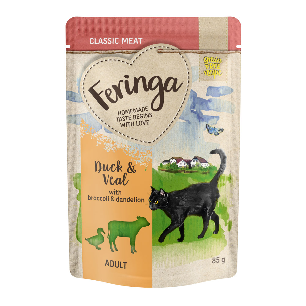 foto del prodotto feringa classic meat menù busta 12 x 85 g umido per gatto - anatra &amp; vitello con broccoli e tarassaco