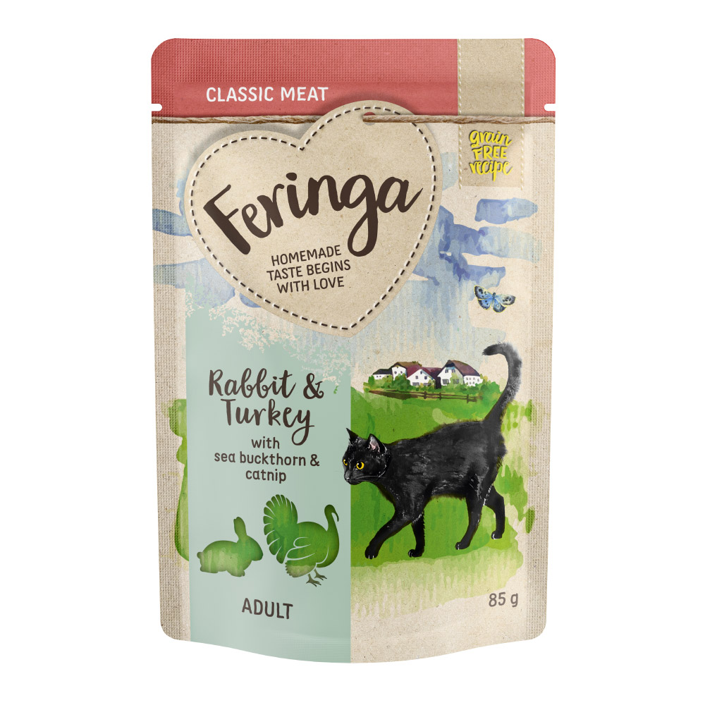 foto del prodotto feringa classic meat menù busta 12 x 85 g umido per gatto - coniglio &amp; tacchino con olivello ed erba gatta