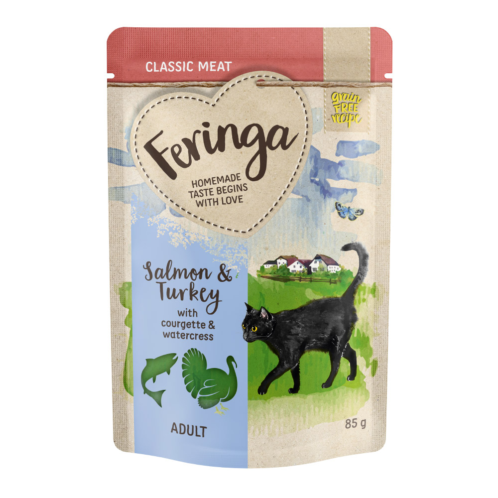 foto del prodotto feringa classic meat men busta 12 x 85 g umido per gatto salmone tacchino con zucchine e crescione