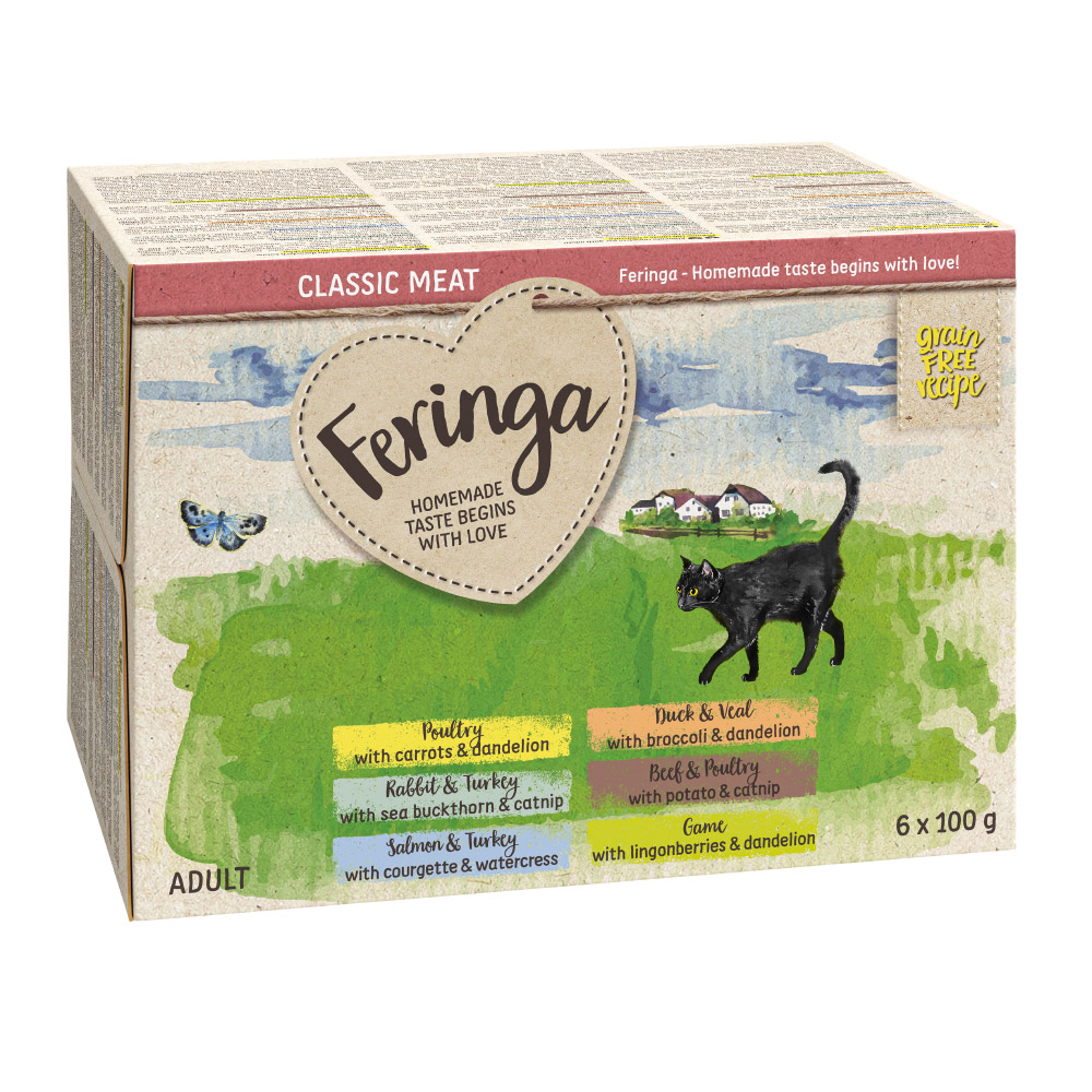 foto del prodotto feringa classic meat men vaschetta 6 x 100 g umido per gatto mix 1 coniglio, manzo, selvaggina, pollame, salmone, anatra