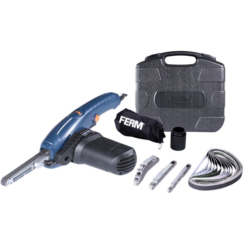 foto del prodotto ferm lima a nastro di precisione 400w incl. braccio largo 13mm, braccio stretto 8mm, braccio angolato 13mm e 12 nastri abrasivi