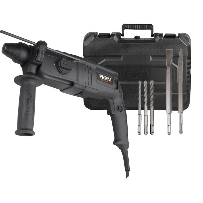 foto del prodotto ferm martello perforatore demolitore 800w. 4 funzioni perforazione, percussione, scalpellatura, scalpellatura rotante. include 3 punte sds plus, 2