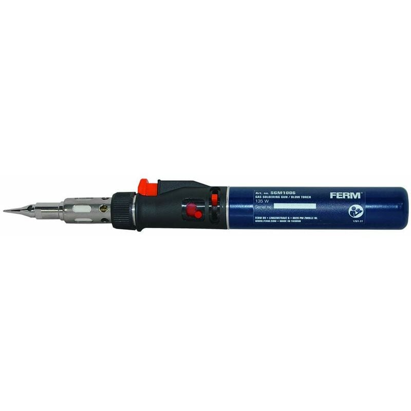 foto del prodotto ferm saldatore a gas ricaricabile. temperatura di saldatura 400 c. include 3 punte, coltello, riflettore e 2 chiavi