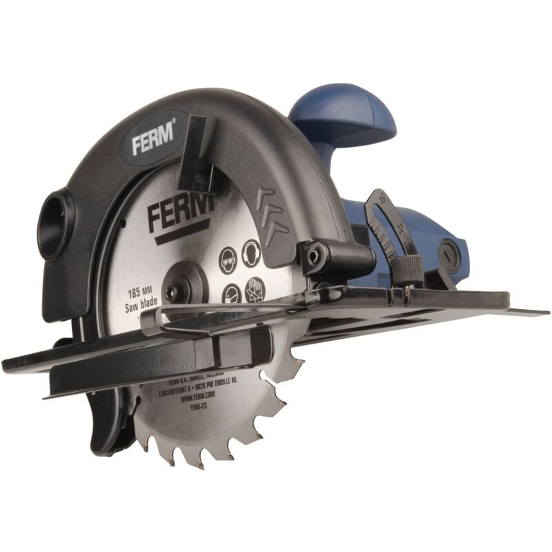 foto del prodotto ferm sega circolare 1200w diametro lama 185mm. pedana regolabile 45 e 90 gradi . include lama tct e guida parallela