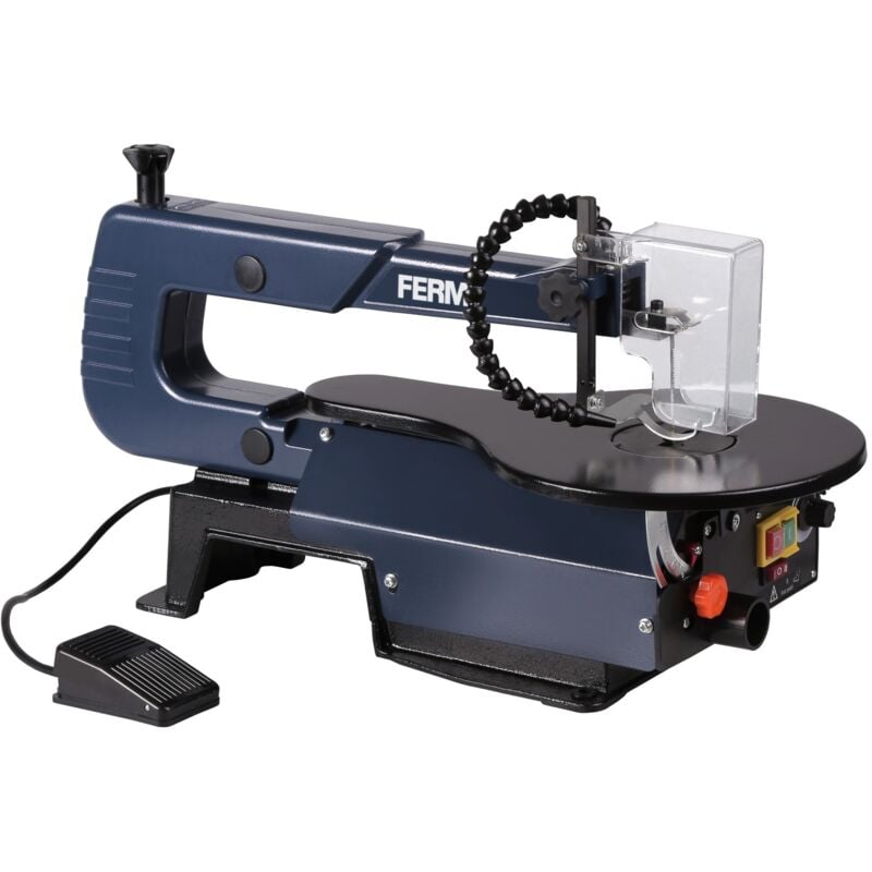 foto del prodotto ferm sega da traforo 120w interruttore a pedale. include lame tpi e chiave a brugola.
