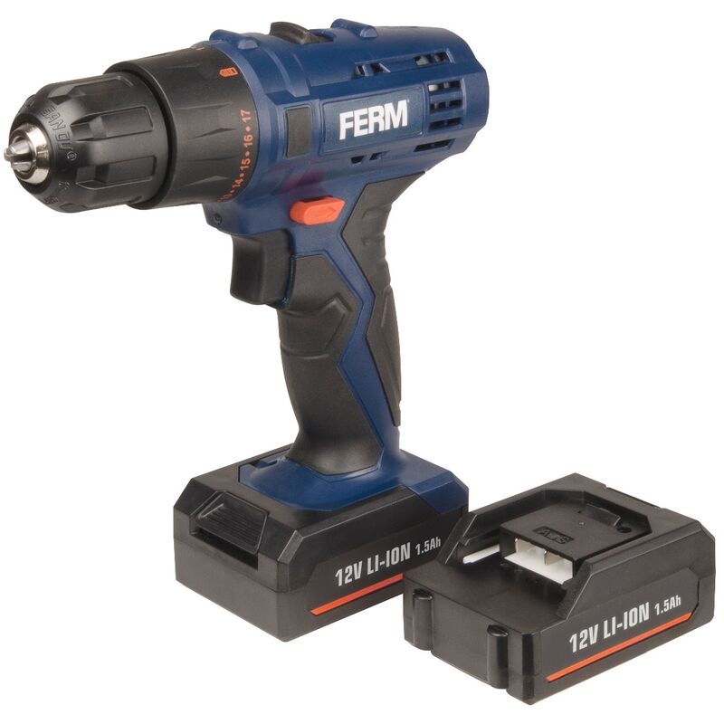 foto del prodotto ferm trapano avvitatore a batteria 12v 1.5ah. include 2 batterie 1.5ah, caricabatterie rapido, 2 punte e custodia
