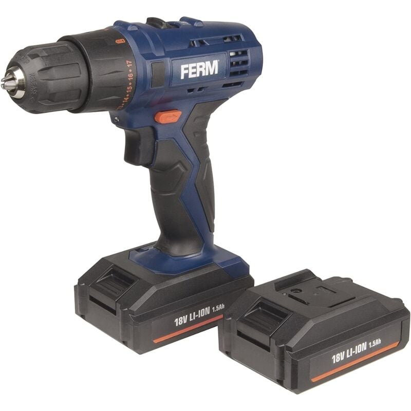 foto del prodotto ferm trapano avvitatore a batteria da 18v. include 2 batterie 1.5ah, un caricabatterie e una custodia