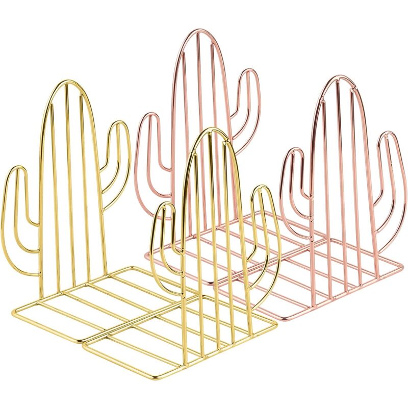 foto del prodotto fermalibri in metallo, 2 paia di fermalibri per bambini, fermalibri con design a cactus, per uffici, decorativi, scaffali, scuole e librerie oro e