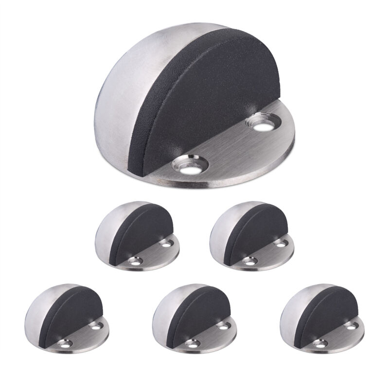foto del prodotto fermaporta a pavimento, set da 6, blocca porta da terra, paracolpi fissaggio adesivo o con viti, argento nero relaxdays