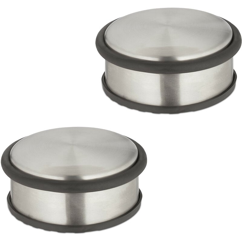 foto del prodotto fermaporta in acciaio inox, set da 2, h x d 4,5 x 10,5 cm, blocca porte pesante e antiscivolo, argento nero relaxdays