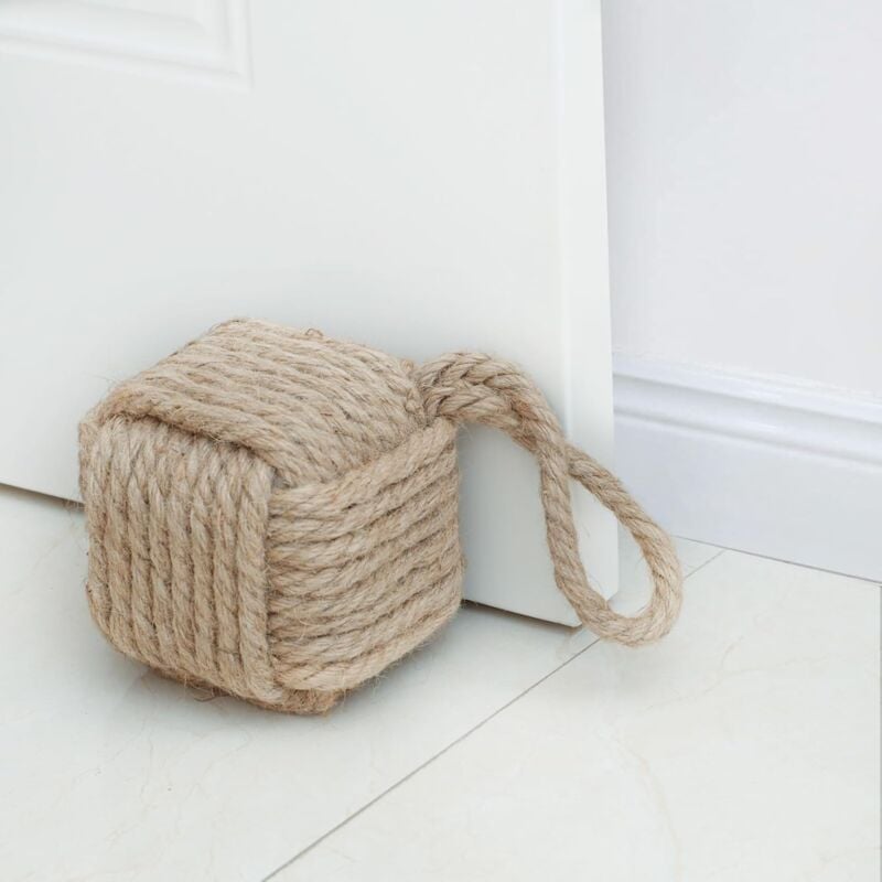 foto del prodotto fermaporta in corda di iuta annodata, fermaporta decorativo fatto a mano, stile nautico, con maniglia, fermaporta per interni con peso, nodo marinaio