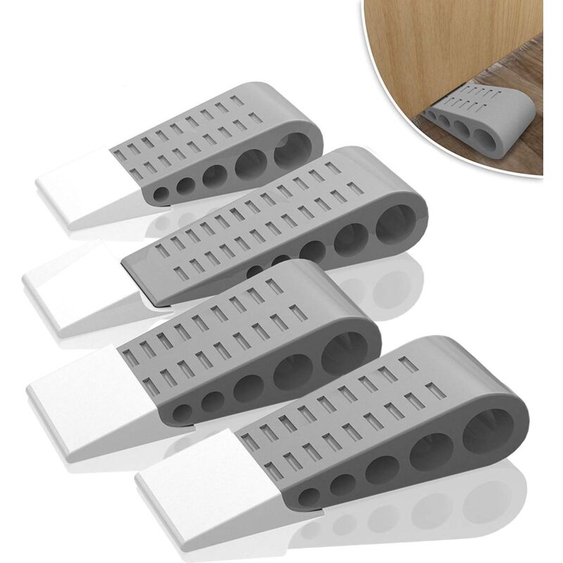 foto del prodotto fermaporta in gomma grigio , confezione da 4, cuneo in gomma antiscivolo resistente, blocco porta antigraffio, compatibile con tutte le superfici.