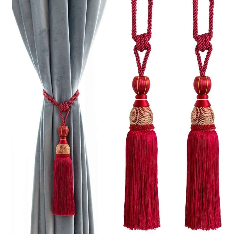 foto del prodotto fermatende decorativi con pompon e palline fermatende per casa e ufficio, passanti intrecciati, frange, confezione da 2 rosso 