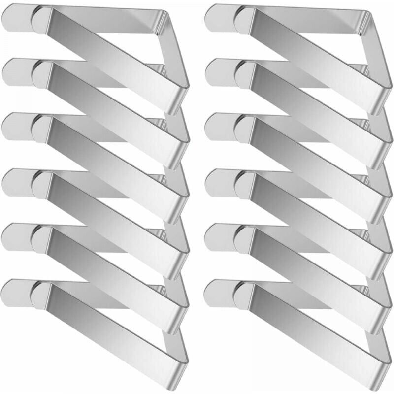 foto del prodotto fermatovaglie, confezione da 12, acciaio inox, 7,4 x 4,5 cm, per tavoli da giardino, feste all aperto, adatti a tavoli spessi 2,5 4,5 cm, argento.