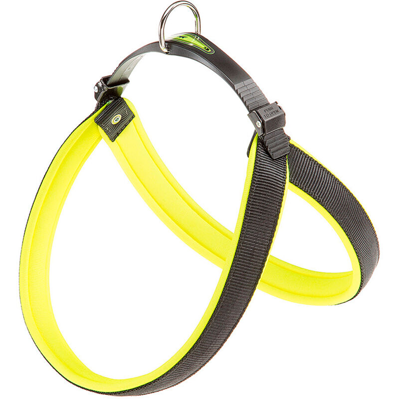 foto del prodotto ferplast agila fluo 3 9 pettorina ergonomica per cani con chiusura a microregolazione.. variante 9 misure a b 77 85 cm 25 mm giallo