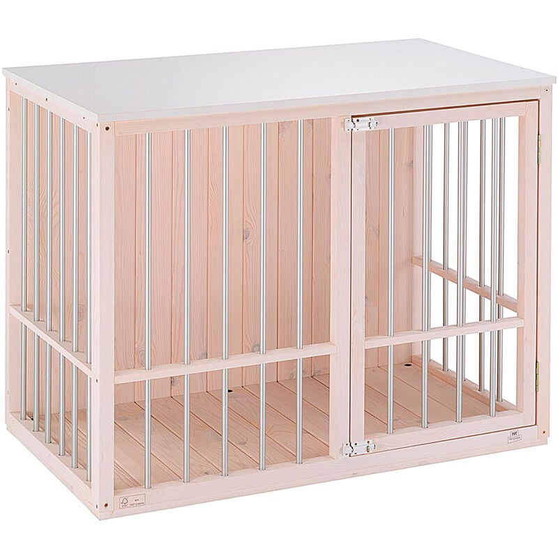 foto del prodotto ferplast dog fort cuccia da interno per cani in legno fsc con sbarre in alluminio. variante dog fort misure 100.5 x 59 x h 82.5 cm bianco