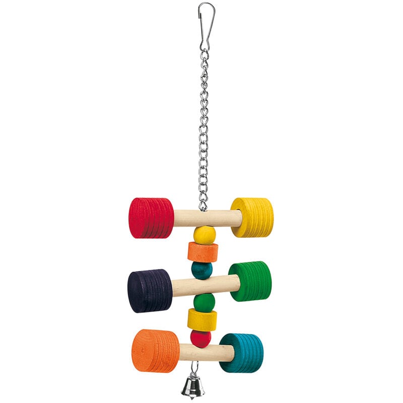 foto del prodotto ferplast gioco pa 4091 gioco pendente in legno colorato per pappagalli e cacatua . variante pa 4091 misure 11.5 x 11.5 x h 31 cm colori misti