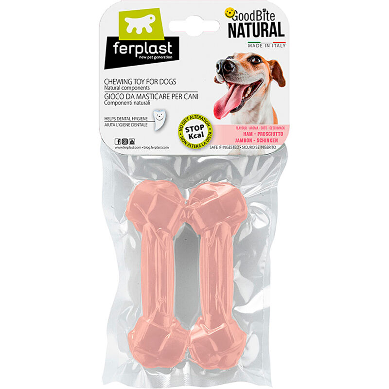 foto del prodotto ferplast goodbite natural ham bone gioco da masticare per cani al sapore di prosciutto 6 misure. variante m misure 13.5 x 4.4 x h 2.1 cm 