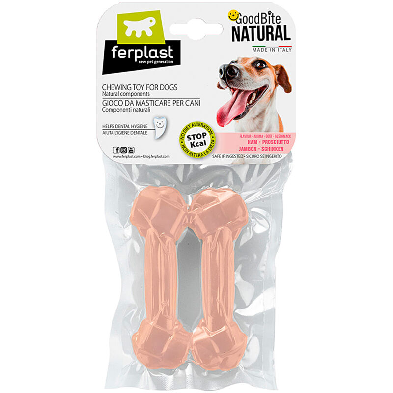 foto del prodotto ferplast goodbite natural ham bone gioco da masticare per cani al sapore di prosciutto 6 misure. variante s misure 11 x 3.6 x h 1.7 cm 