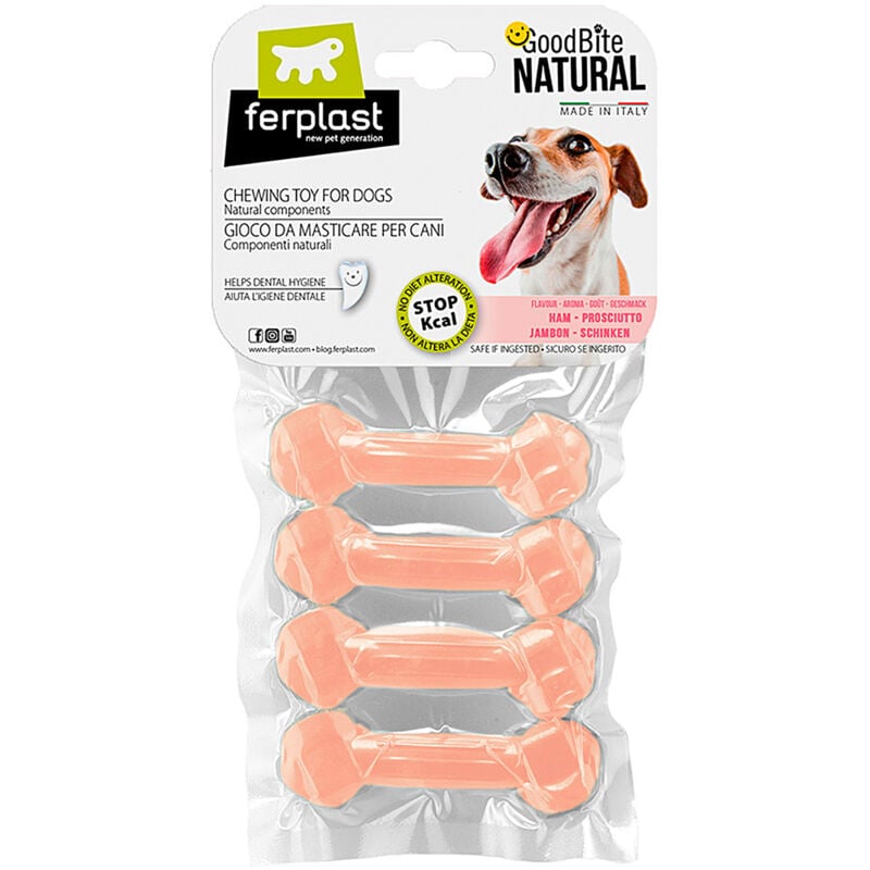 foto del prodotto ferplast goodbite natural ham bone gioco da masticare per cani al sapore di prosciutto 6 misure. variante xs misure 8.2 x 2.6 x h 1.2 cm 
